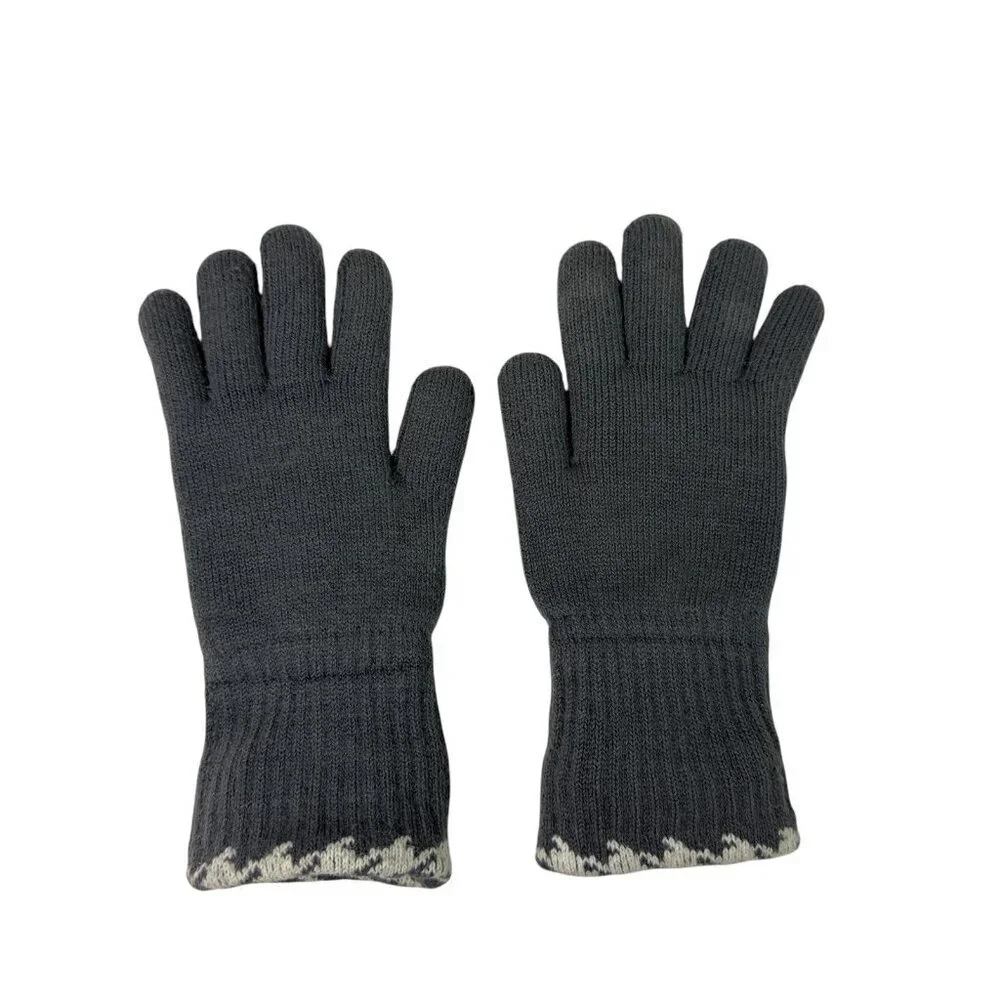 Women’s Gray Knit Winter Gloves with Houndstooth Cuffs – Fleece Lined